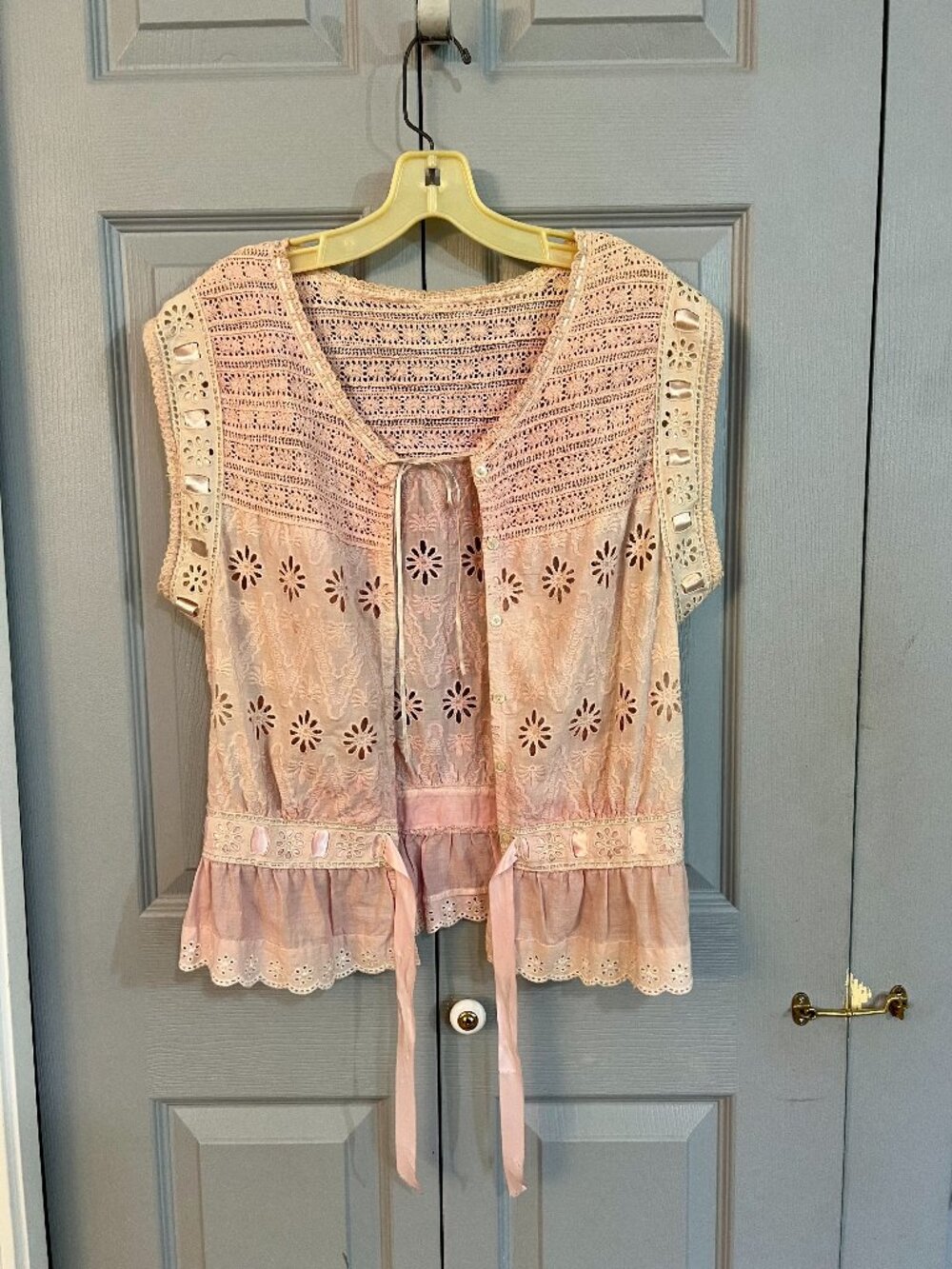 Johnny Was, Eyelet, Lace & Ribbon Vest - Pink